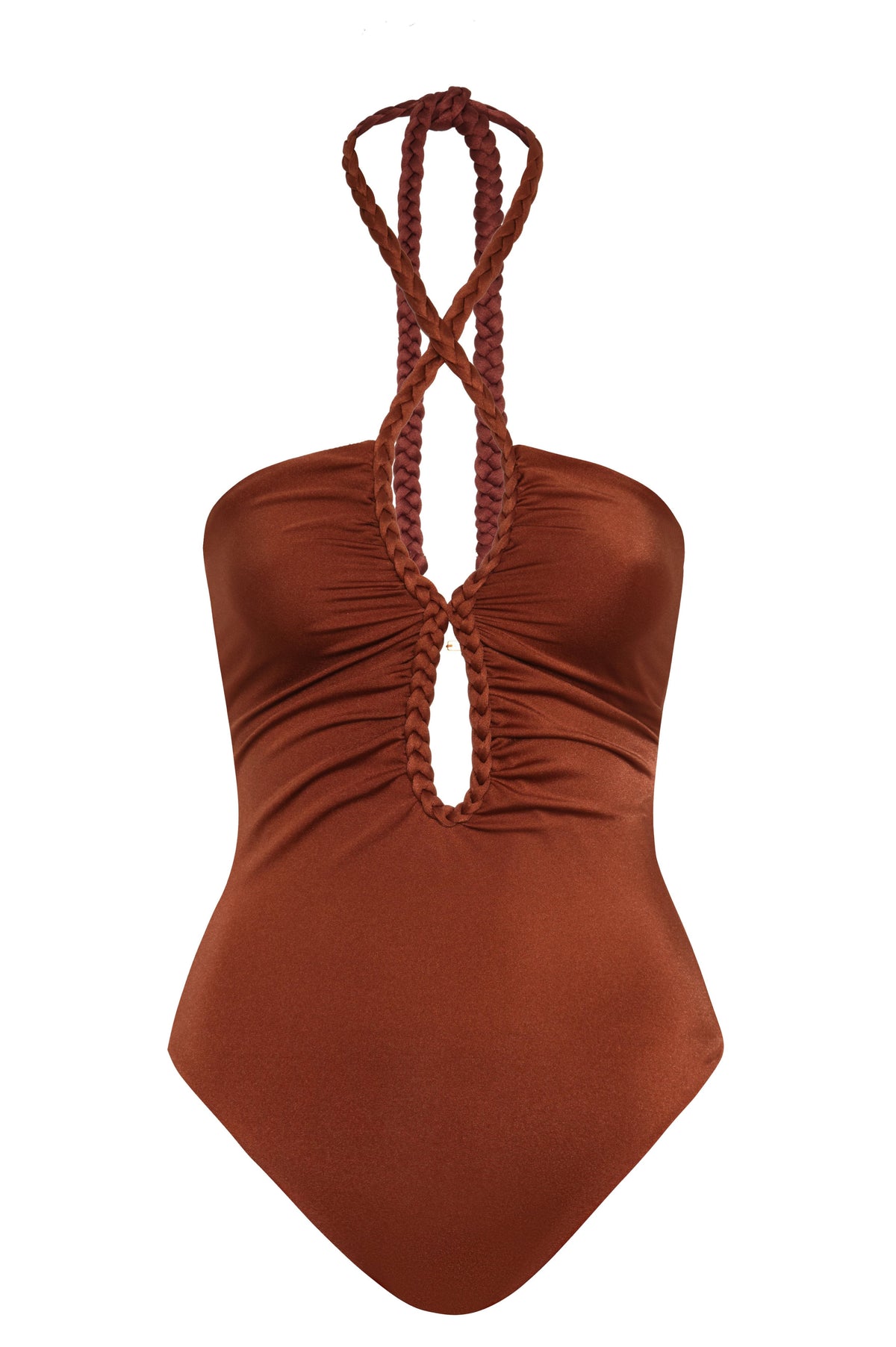 Front view of Saint Tropez one-piece swimsuit in Dattero brown with braided halter straps, center keyhole and ruched front