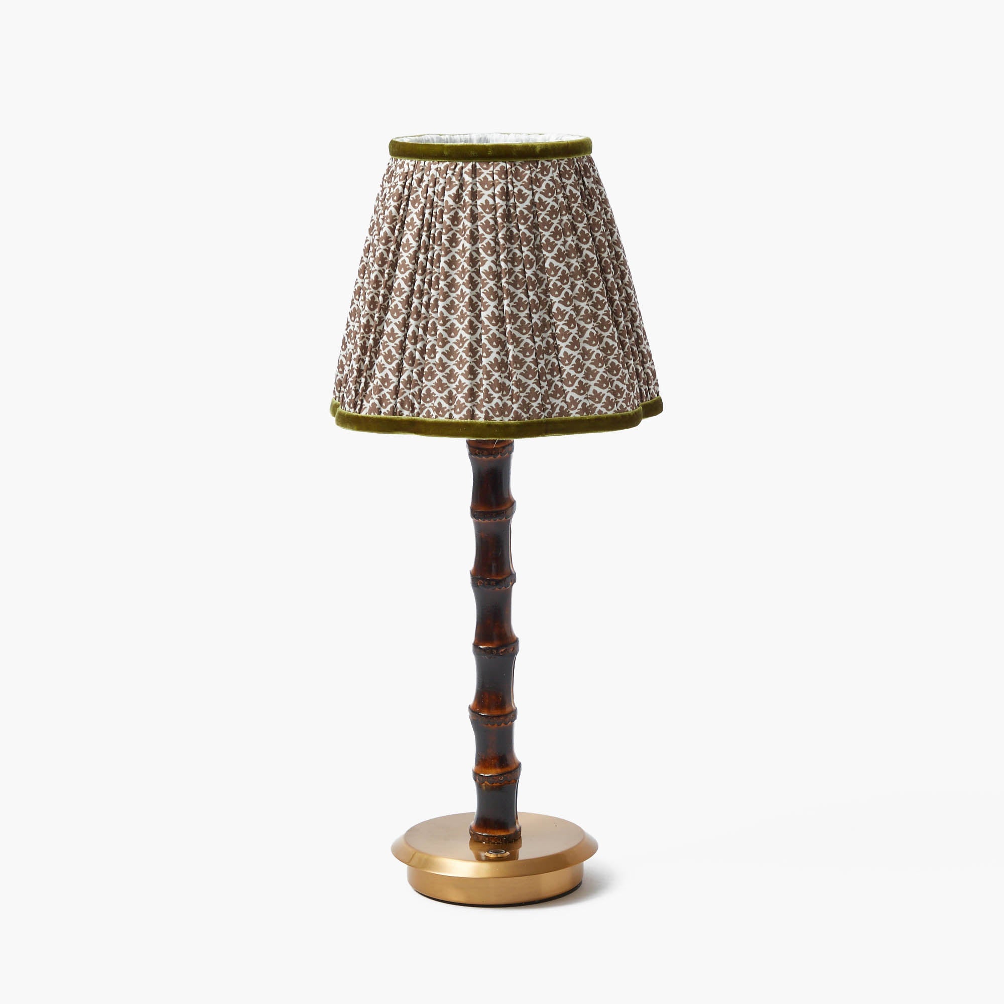 Burnt Bamboo Rechargeable Lamp with Chocolate & Olive Lotus Shade (18cm)