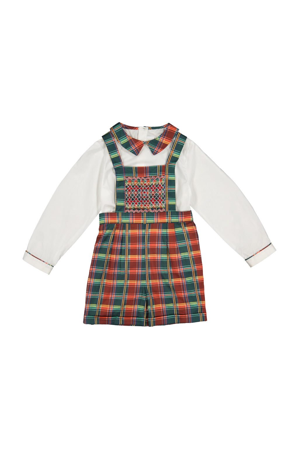Front view of George Tartan Rouge overalls set with smocked chest panel and white collared shirt on white background