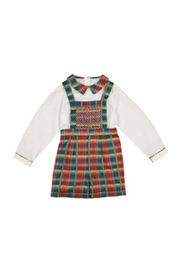 Front view of George Tartan Rouge overalls set with smocked chest panel and white collared shirt on white background