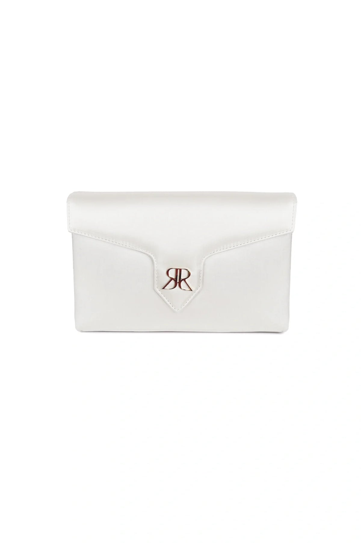 Love Note Envelope Clutch Ivory from The Bella Rosa Collection with monogram logo on flap, crafted from Italian Duchess Satin.