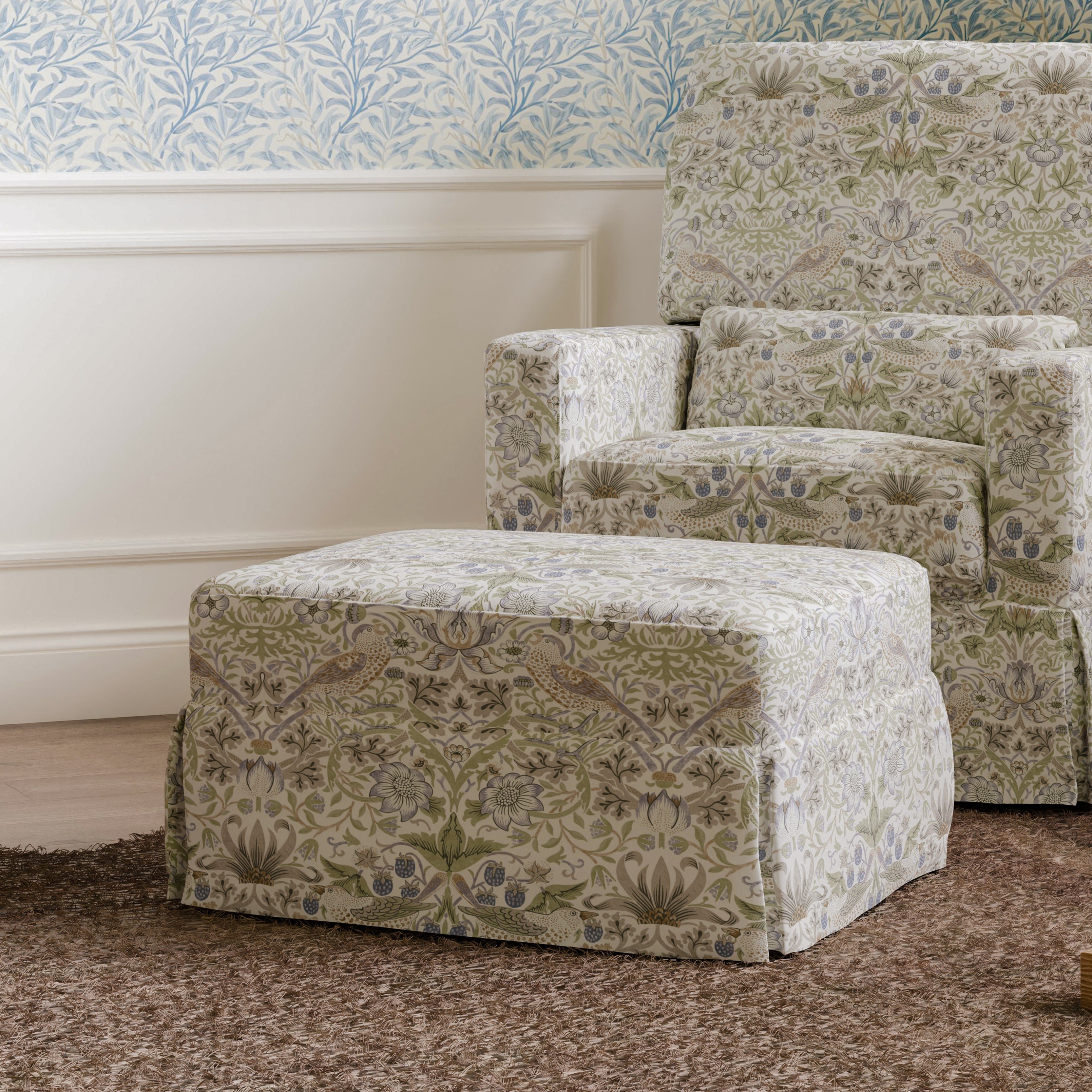 Morris & Co. x Namesake Crawford Gliding Ottoman Strawberry Thief in Fig & Thyme