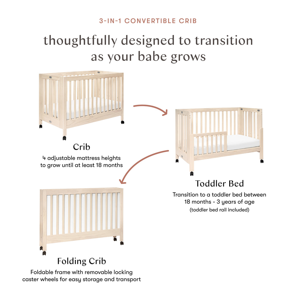 Maki Portable Folding Crib with Toddler Bed Conversion Kit in Washed Natural