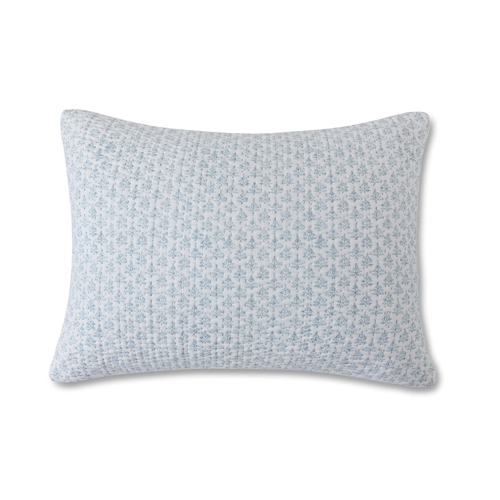 Front view of Iris sham in slate showing small blue iris block floral print and quilted hand-stitched texture on white background