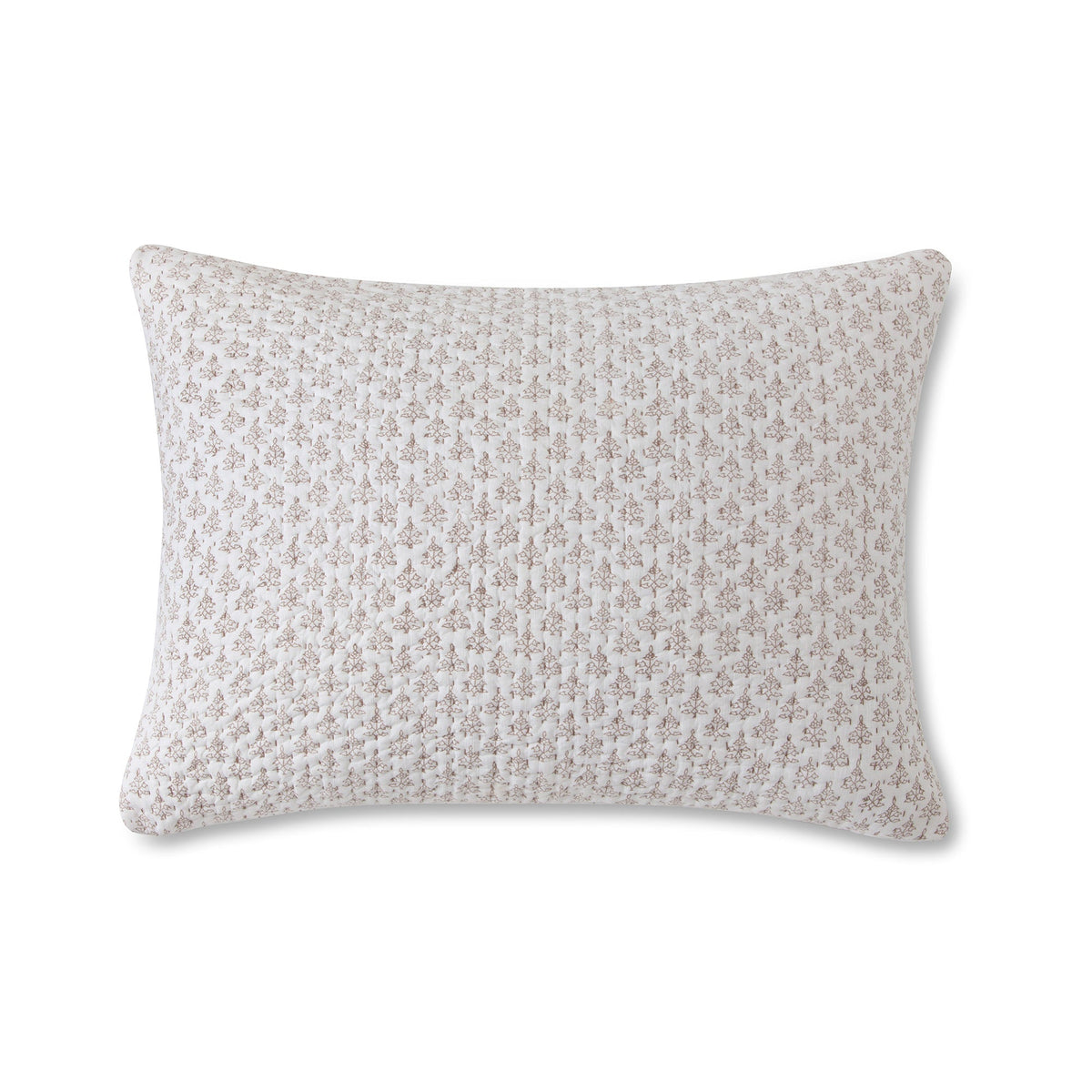 Front view of Iris Sham pillow showing taupe iris-block floral print and quilted hand-stitched texture on white background