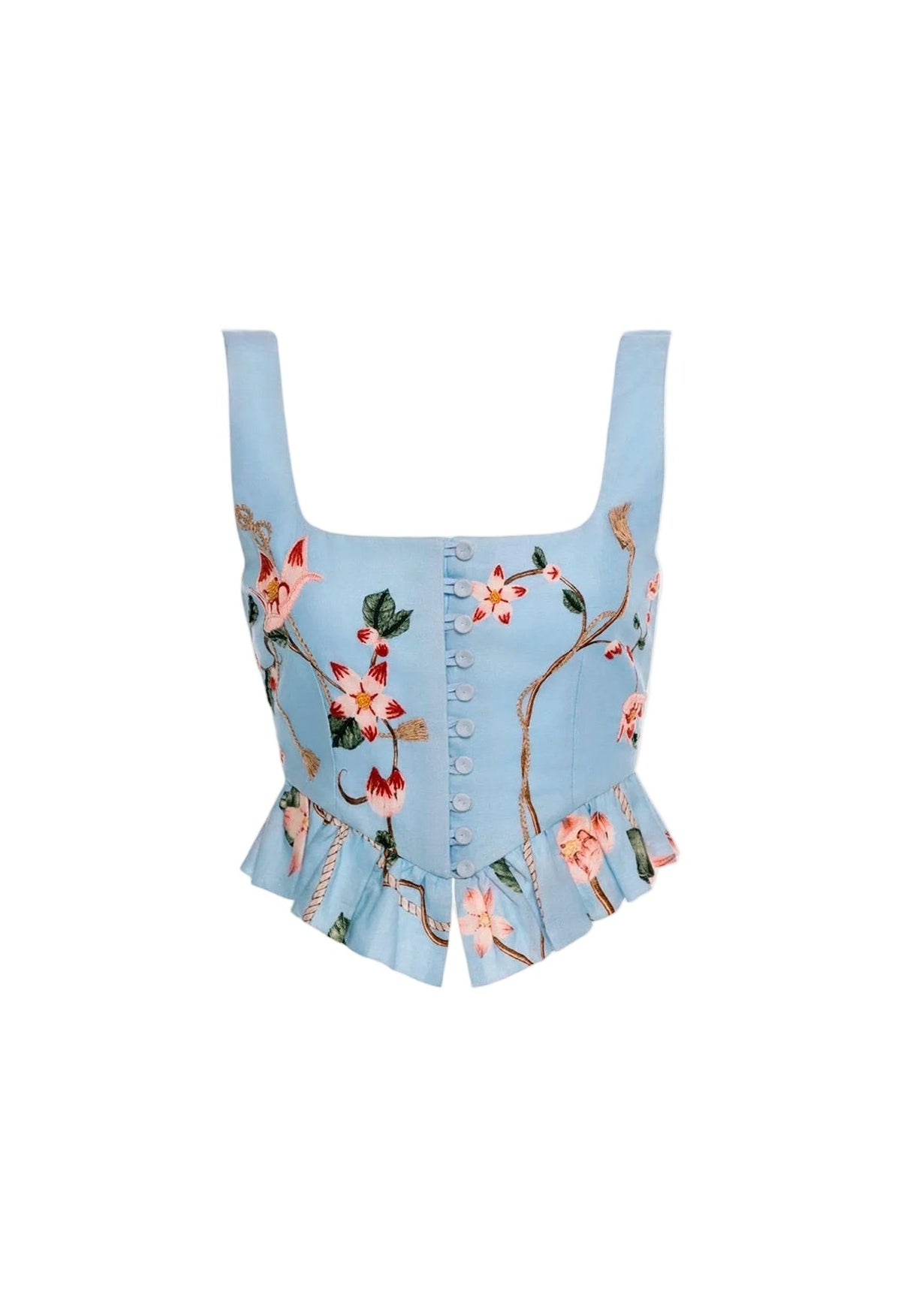 Front view of Eslabón Navegante Cropped Top with hand-embroidered placement print, button placket, and gathered peplum hem