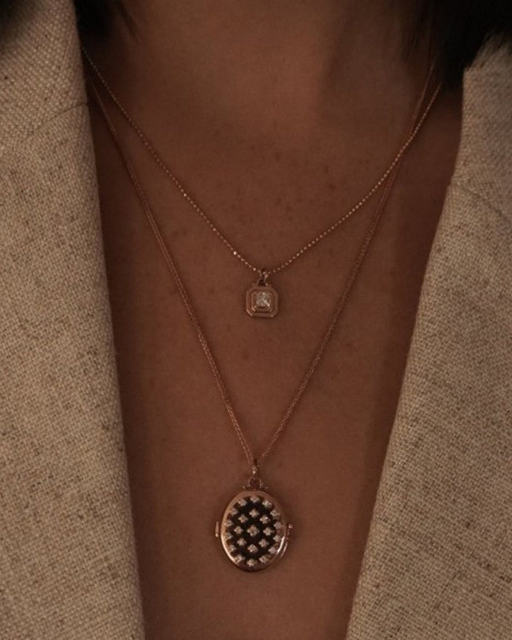 Etoile Locket Necklace shown with the Princess Necklace, Love Lock Ring, and Medusa Ring, 14k yellow gold