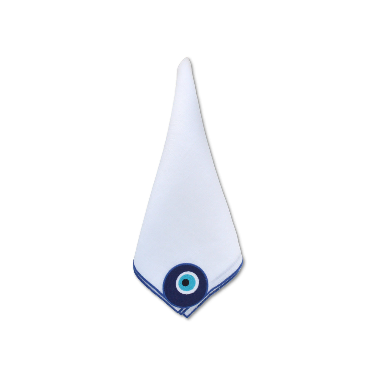 Folded triangle view of Evil Eye dinner napkin showcasing embroidered blue evil eye motif and blue border on white background