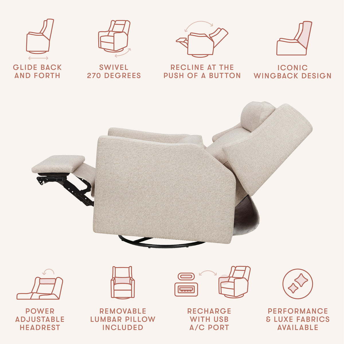 Kiwi Plus Power Recliner and Swivel Glider with Power Adjustable Headrest and USB Port in Performance Beach Eco-Weave