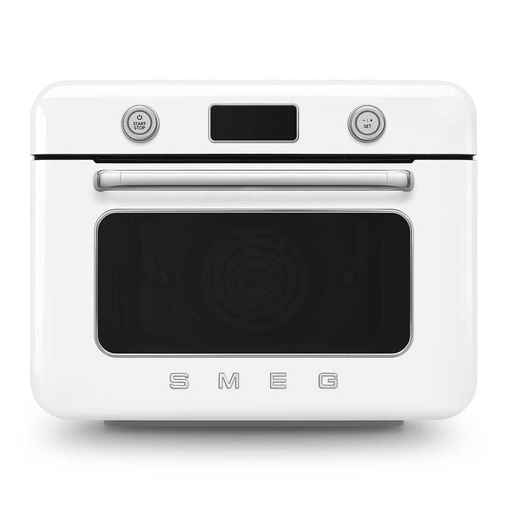 Front view of SMEG white combi countertop oven showcasing chrome handle and digital display on white background