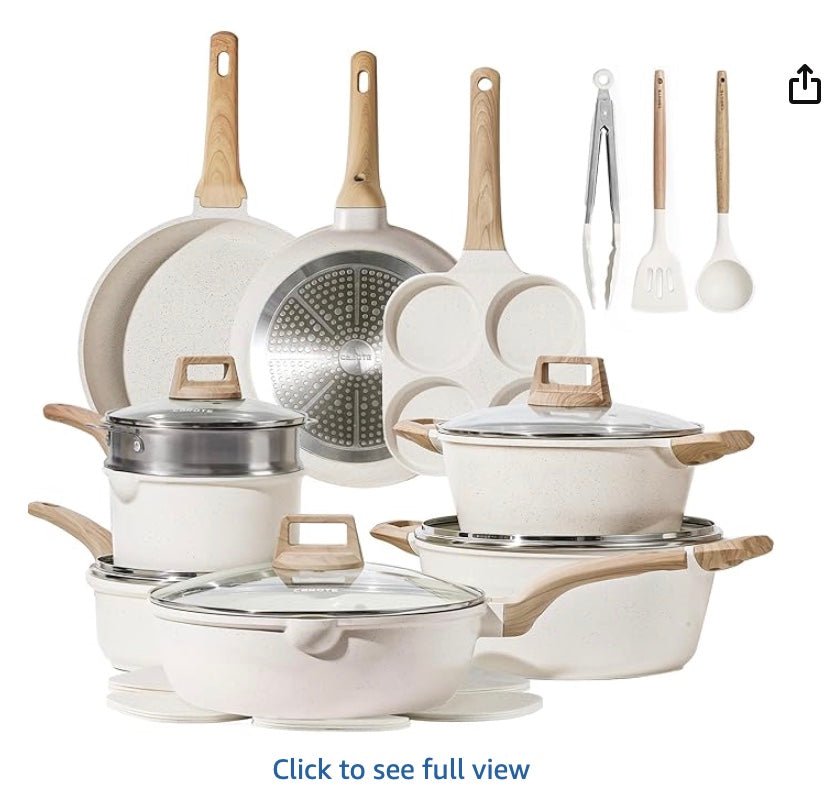 CAROTE 21Pcs Pots and Pans Set, Nonstick Cookware Sets, White Granite Induction Cookware Non Stick Cooking Set w/Frying Pans & Saucepans(PFOS, PFOA Free)