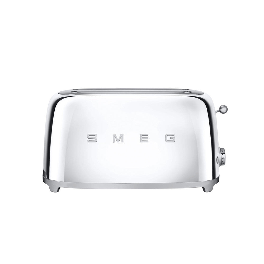 Front view of SMEG 4-slice toaster with chrome finish, embossed SMEG logo, and right-side lever on white