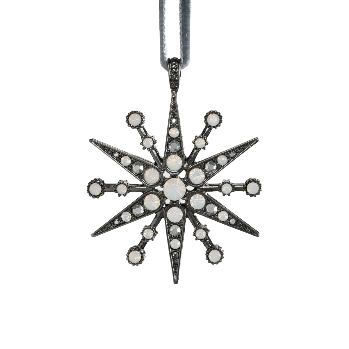 Front view of Deco Snowflake Hanging Ornament in Hematite and Opal showcasing silver and crystal stones with black background