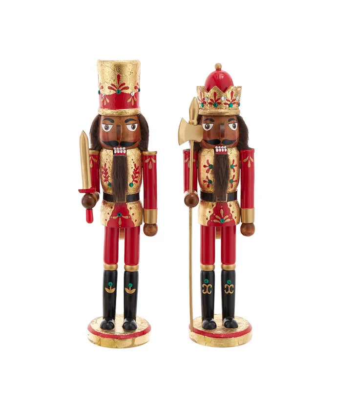 15" Wooden African American Red & Gold Leaf Nutcrackers, Set of 2