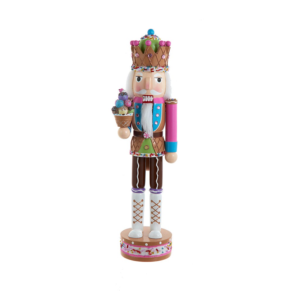 Front view of Ice Cream Nutcracker showcasing its colorful ice cream themed outfit and ice cream cone with a white background