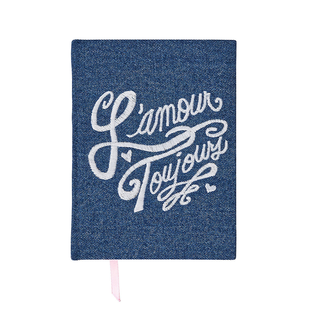 Front view of L’Amour Toujours journal in denim with white embroidered lettering and pink ribbon bookmark on white background