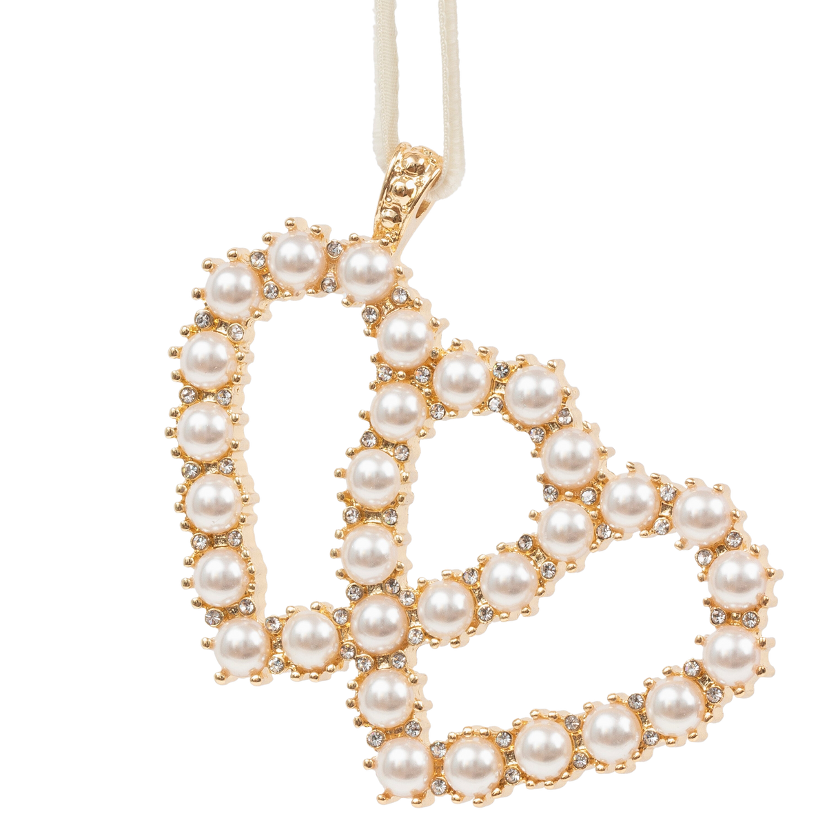 Close-up of Gemini Hanging Ornament showcasing pearl-like beads, crystal embellishments, and a velvet ribbon on a black background