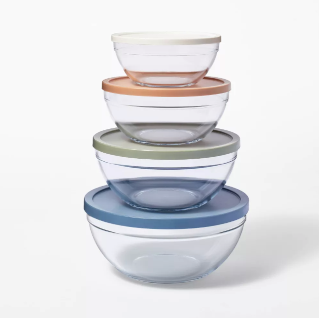 8pc Glass Set of 4 Mixing Bowls with Lids Clear - Figmint™: Microwave without Lid & Freezer Safe, Glass & Plastic