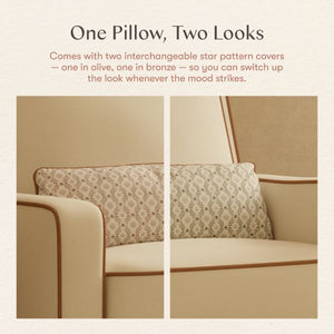 Promotional graphic showing one pillow, two looks with interchangeable spot pattern covers in olive and bronze