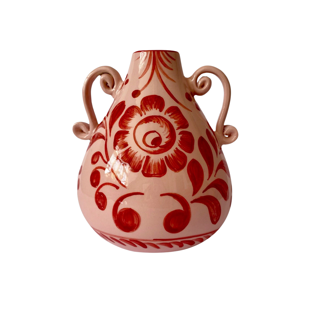 Front view of Amphora vase showing hand-painted wine floral pattern, double scroll handles, ceramic on black background