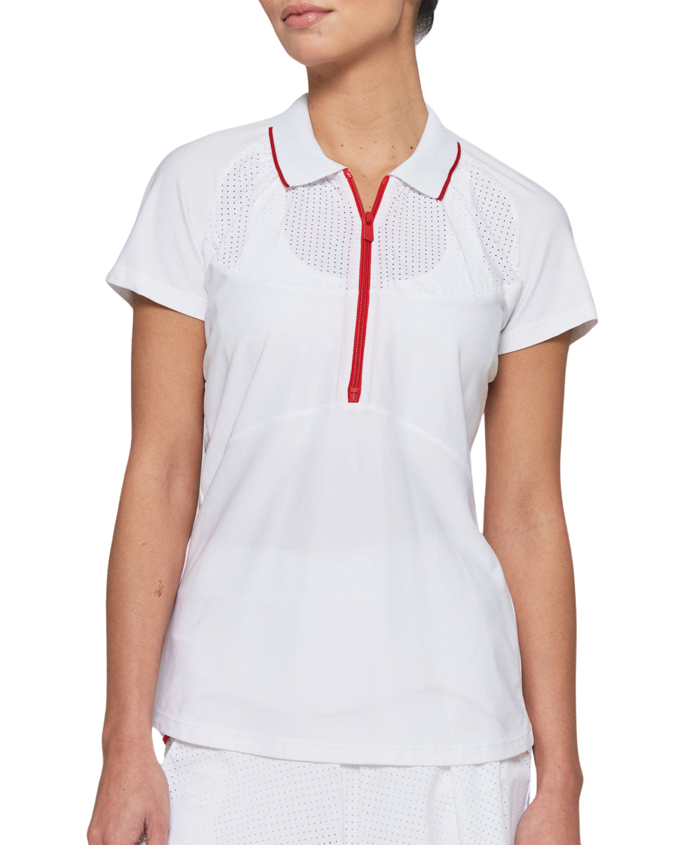 Front view of Mesh Zip Performance Polo in white on model showcasing red half-zip, perforated mesh yoke, knit collar and short sleeves
