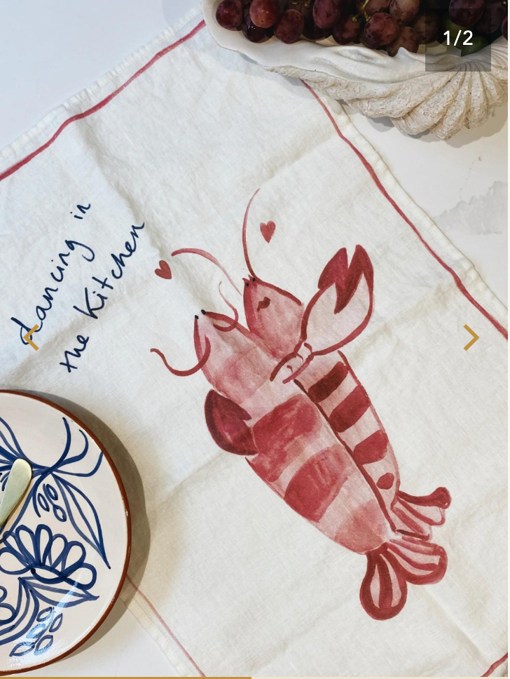 'Kitchen Dancing' - Lobster Print Linen Tea Towel