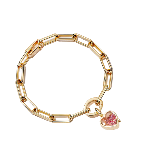 Top view of Single Heart Locket Link Bracelet showcasing oval links and a heart locket with an isolated background