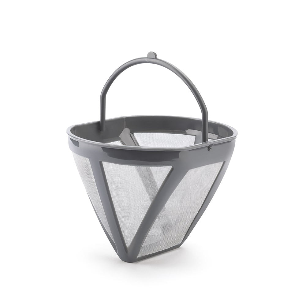 Angled view of reusable cone coffee filter with gray plastic frame, fine mesh, and folding handle on white background