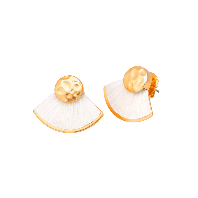 Front view of Bianca fan stud earrings showcasing hammered gold studs and white rooster-feather fan fringe on white background