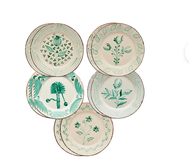 Casa Nuno Green and White Dinner Plates, Mixed Patterns, Set of 10