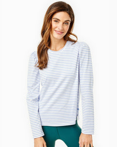 Model is wearing the Fairmount Long Sleeve in Super White / Violet Stripe and the Everyday Legging in Ivy