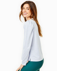 Model is wearing the Fairmount Long Sleeve in Super White/ Violet Stripe and the Everyday Legging in Ivy