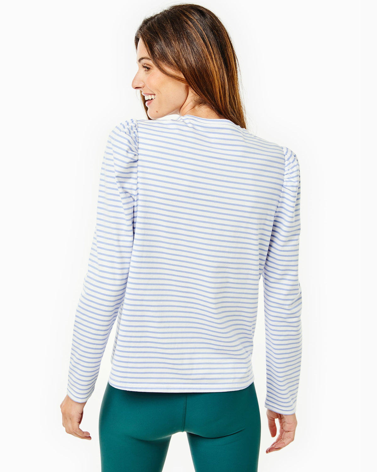 Model is wearing the Fairmount Long Sleeve in Super White/ Violet Stripe