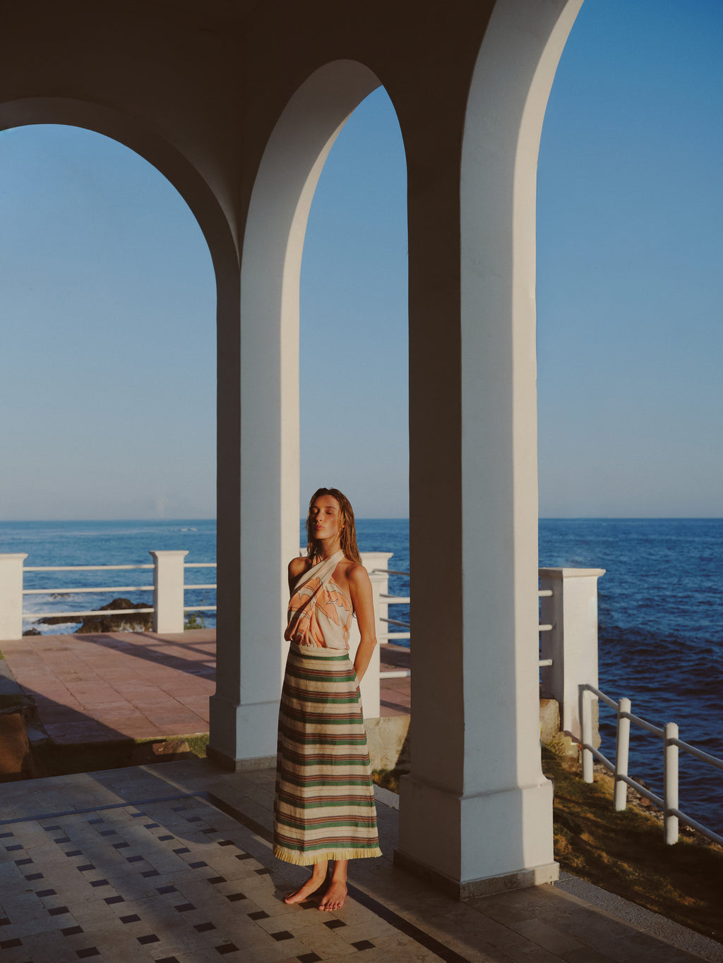 El Carmelo Linen Midi Skirt in Green Artisanal Stripes