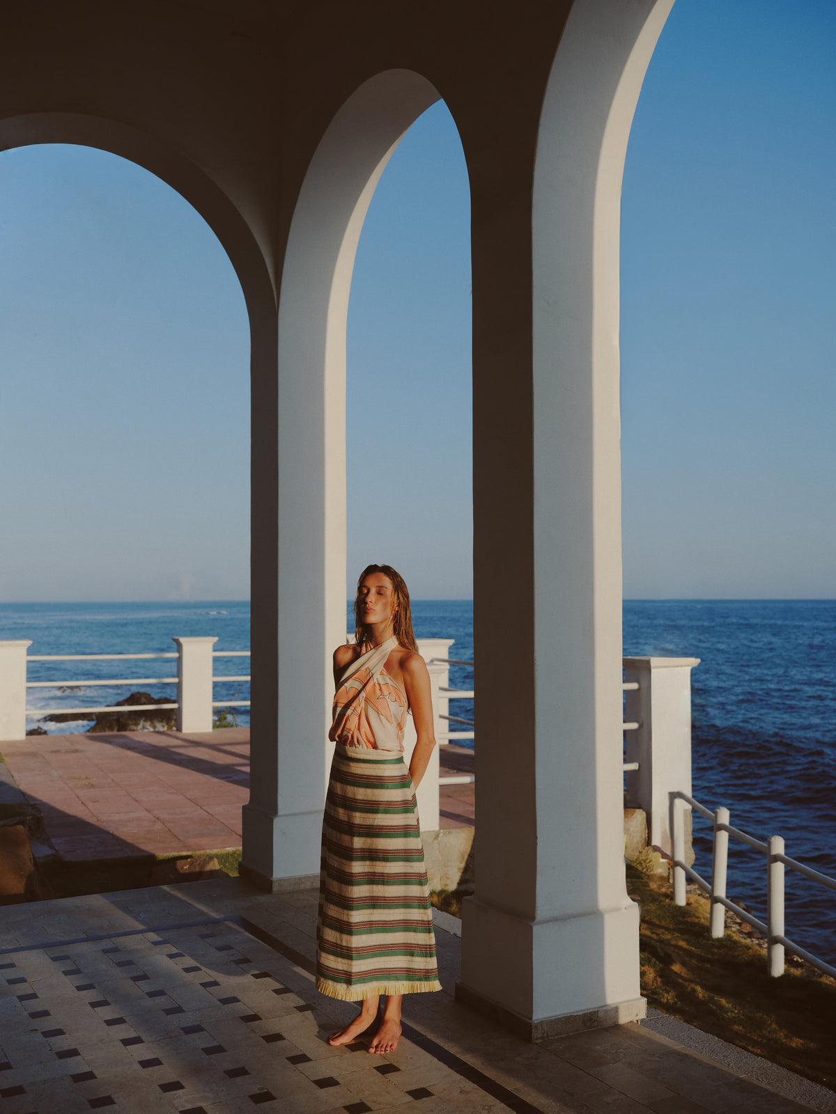 El Carmelo Linen Midi Skirt in Green Artisanal Stripes