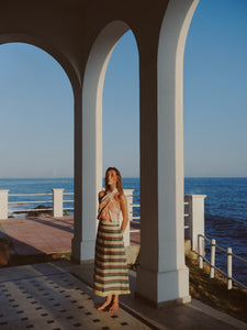 El Carmelo Linen Midi Skirt in Green Artisanal Stripes