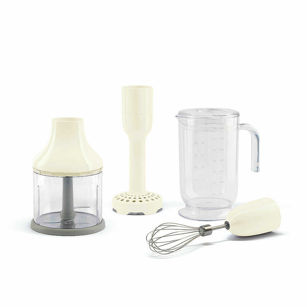 Front view of hand blender accessories in pastel blue: chopper bowl, masher, wire whisk, and measuring beaker