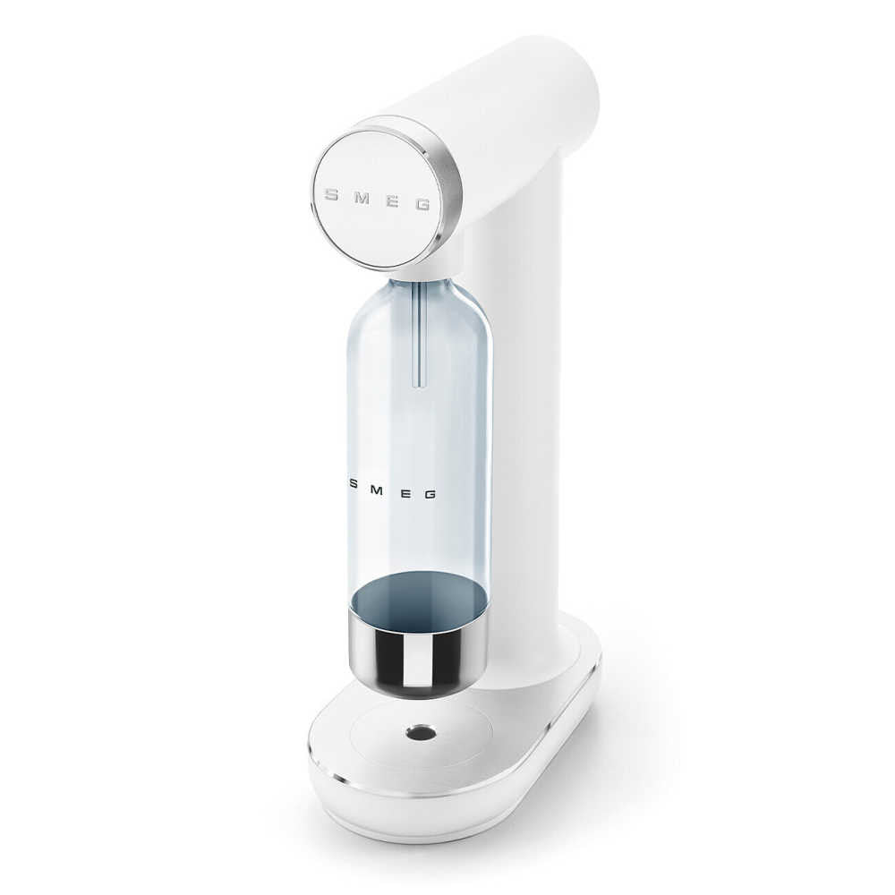 Three-quarter view of SMEG Sparkling Water Maker in matte white showcasing attached Tritan bottle and chrome accents on white background