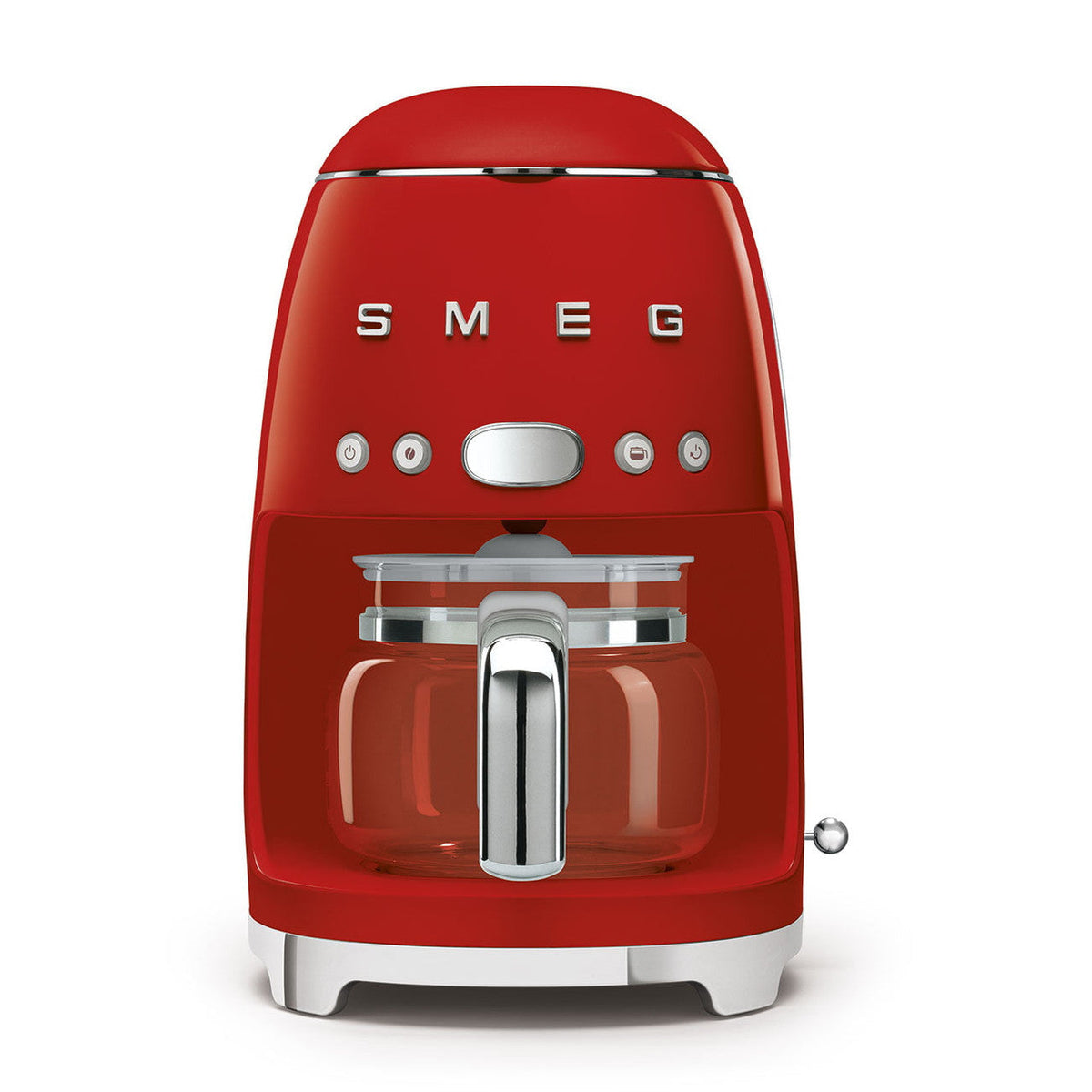 Front view of SMEG drip filter coffee machine in red showcasing 10-cup glass carafe and chrome handle on white background