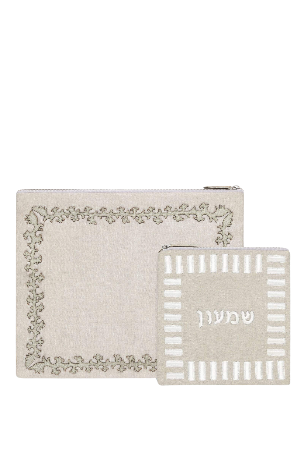 Front of Simeon tallit and tefillin set in beige metallic linen with embroidered border and Hebrew name on tefillin, white bg