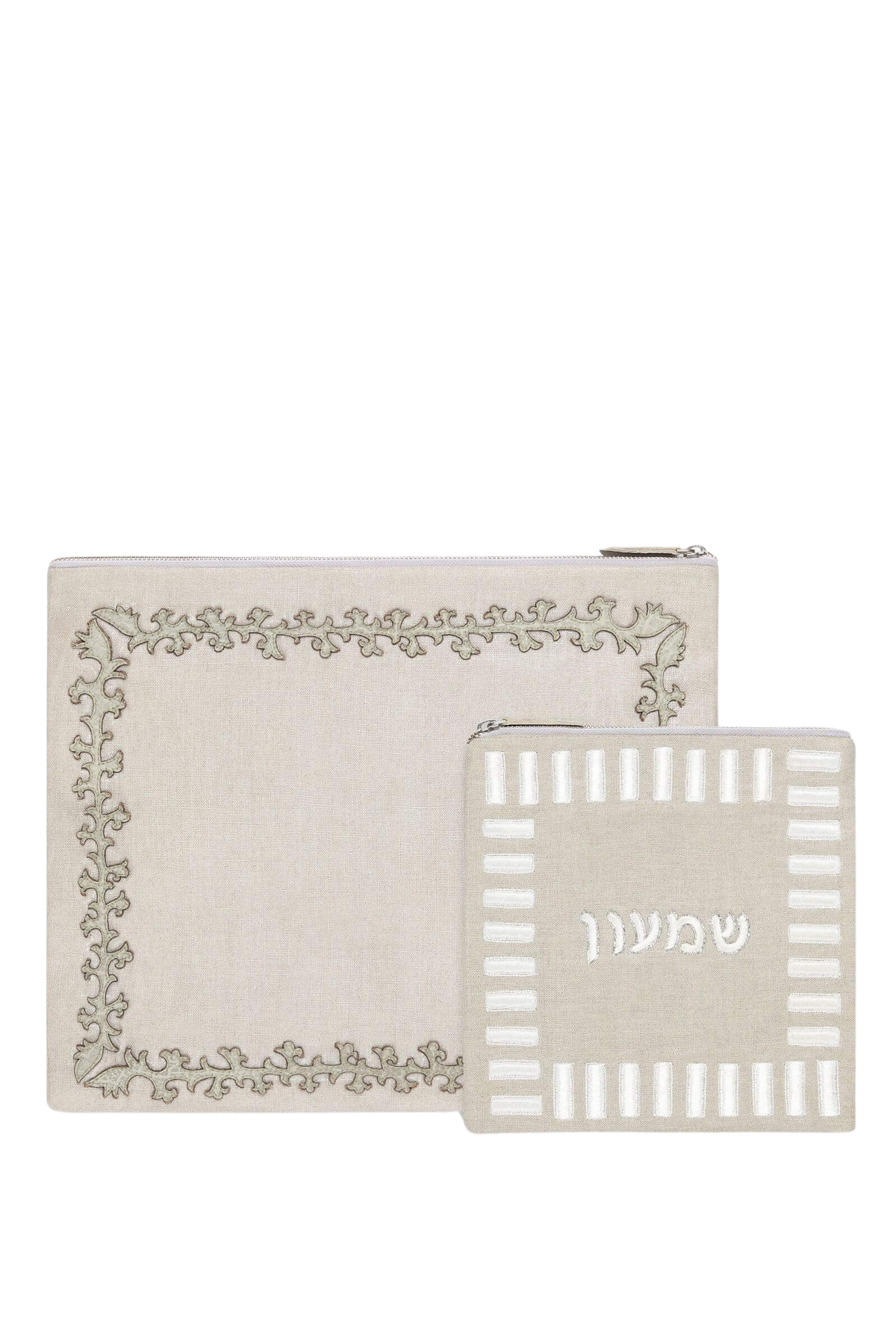 Front of Simeon tallit and tefillin set in beige metallic linen with embroidered border and Hebrew name on tefillin, white bg