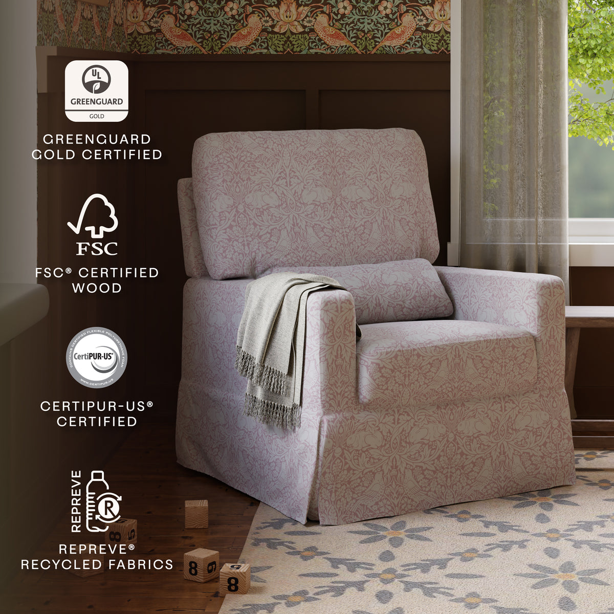 Morris & Co. x Namesake Crawford Pillowback Comfort Swivel Glider Pure Brer Rabbit in Rose