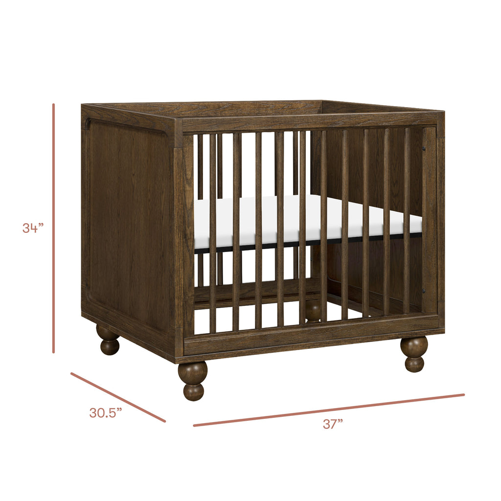Three-quarter view of Astre All-Stages Midi Kit in Toffee showing dark wood crib with 34, 30.5, and 37 inch dimensions
