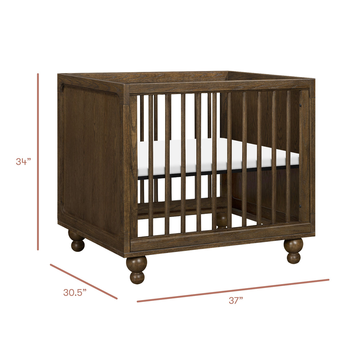Three-quarter view of Astre All-Stages Midi Kit in Toffee showing dark wood crib with 34, 30.5, and 37 inch dimensions