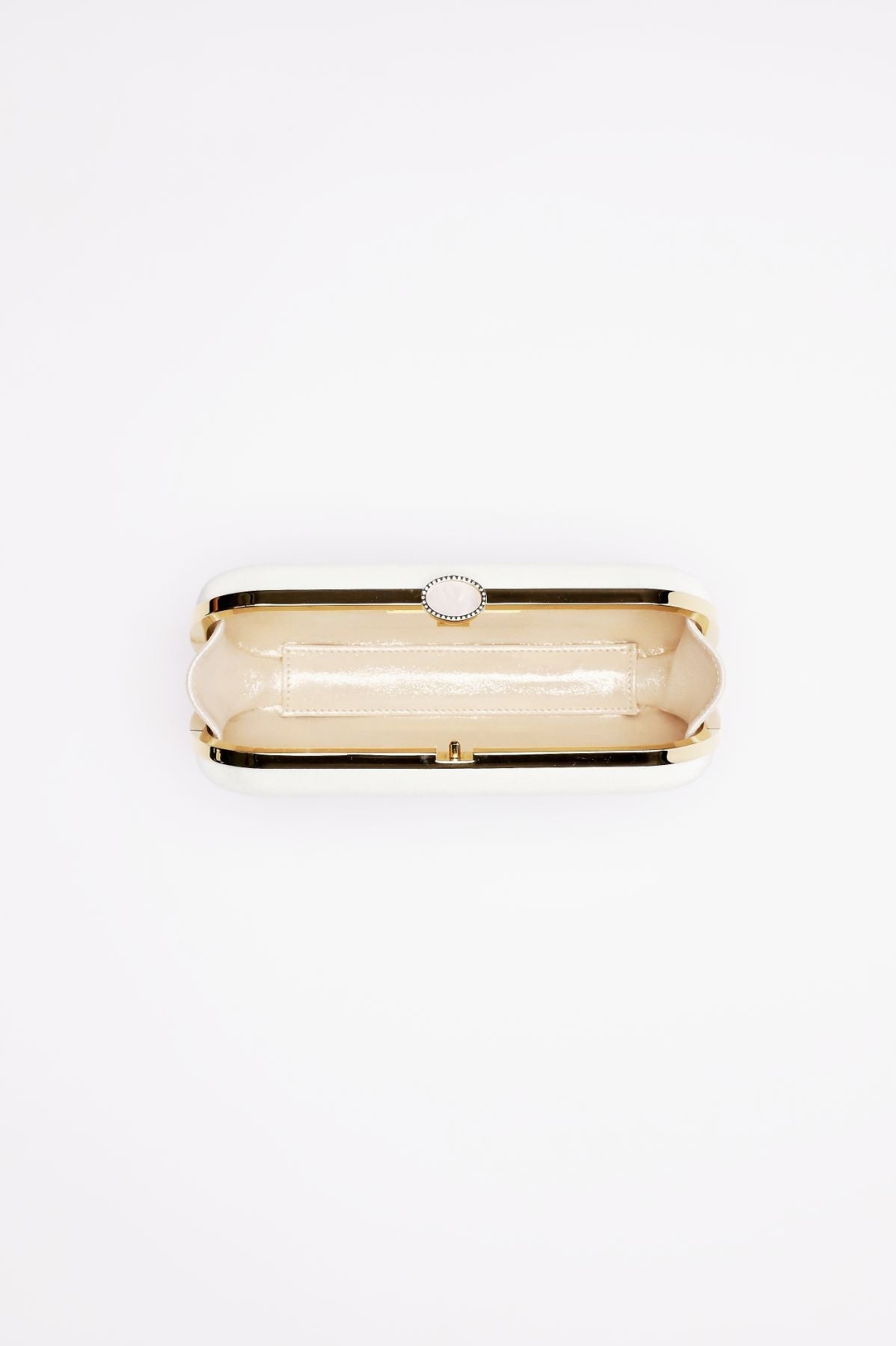 An empty, open Bella Rosa Collection Sage Green Satin Petite Clutch on a white background.