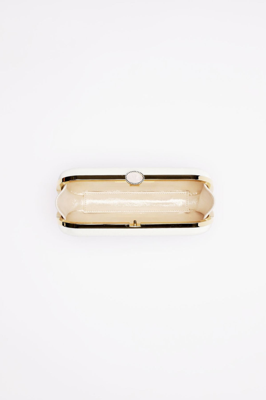 An open, empty Bella Clutch Ivory Petite made of Duchess Satin on a white background by The Bella Rosa Collection.