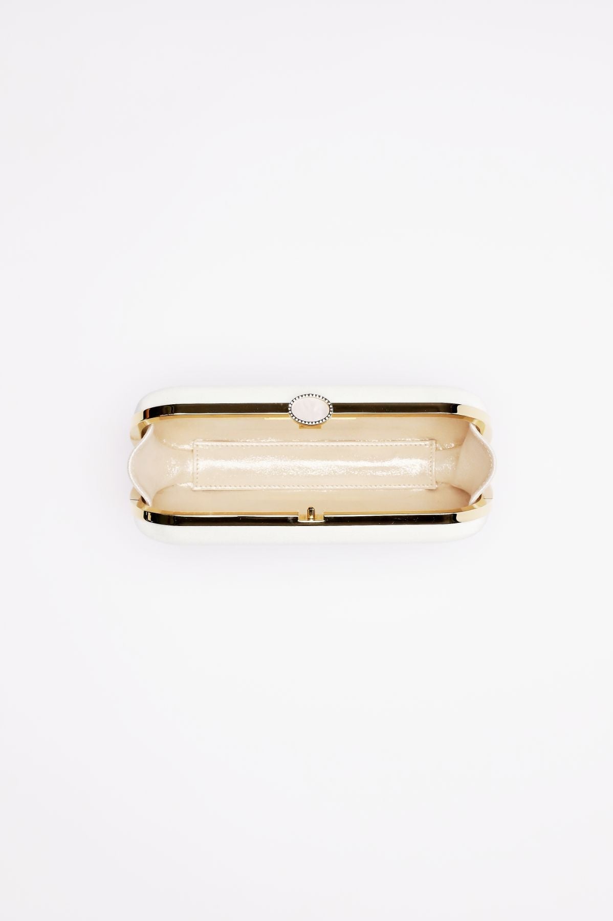 An open, empty Bella Clutch Ivory Petite made of Duchess Satin on a white background by The Bella Rosa Collection.