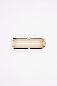 An open, empty Bella Clutch Ivory Petite made of Duchess Satin on a white background by The Bella Rosa Collection.