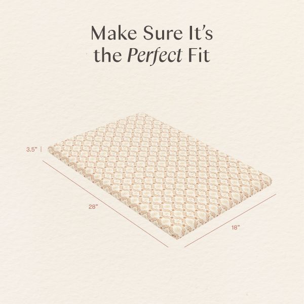 Angled view of All-Stages bassinet sheet showcasing a textured pattern with 35 by 28 by 18 inch dimensions