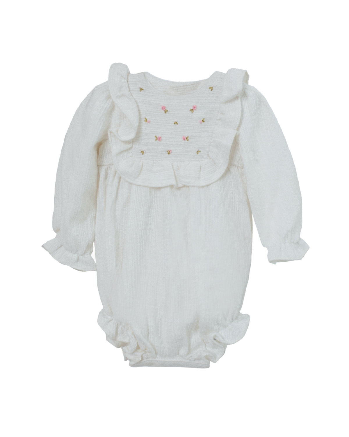 Front view of Federica Bubble in ivory showcasing ruffled squared bib with pink mini embroidered flowers on a white background